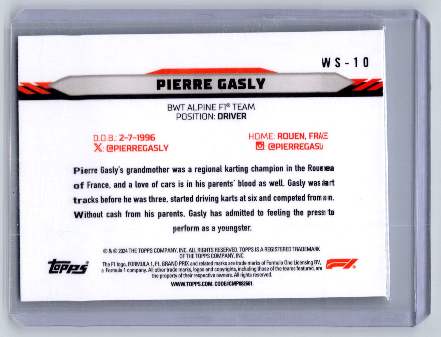 2024 Topps Paddock Pass Formula 1 #WS-10 Pierre Gasly World Stage