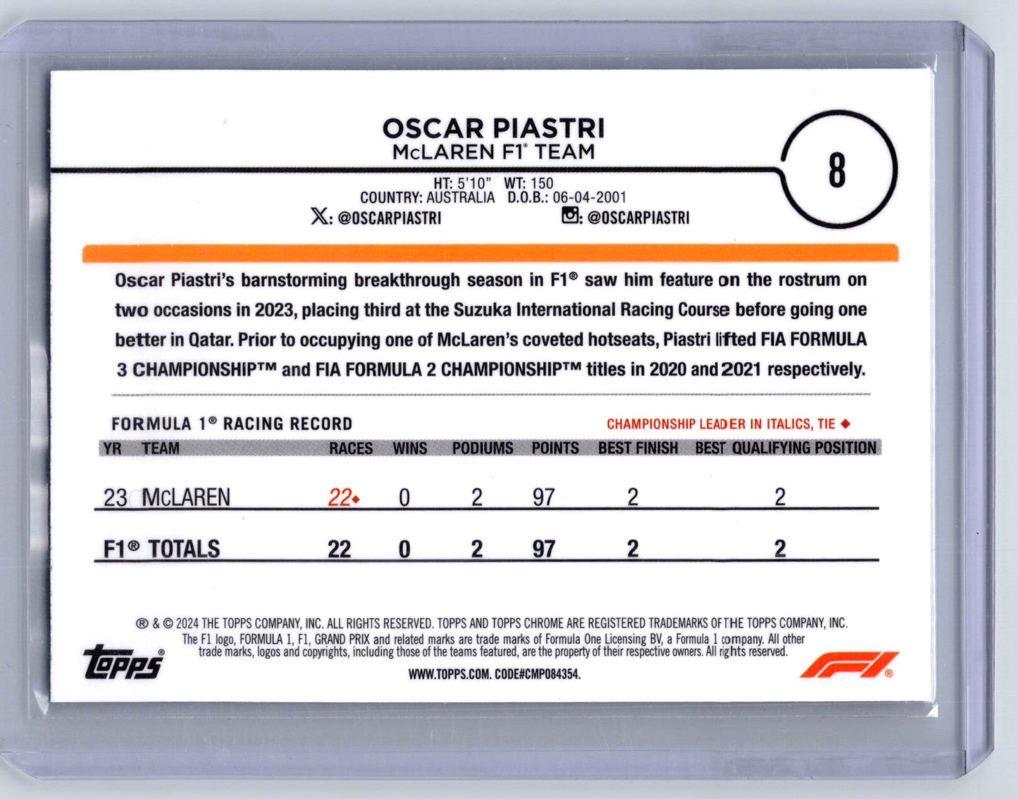 2024 Topps Chrome Formula 1 #8 Oscar Piastri Checker Flag Refractors