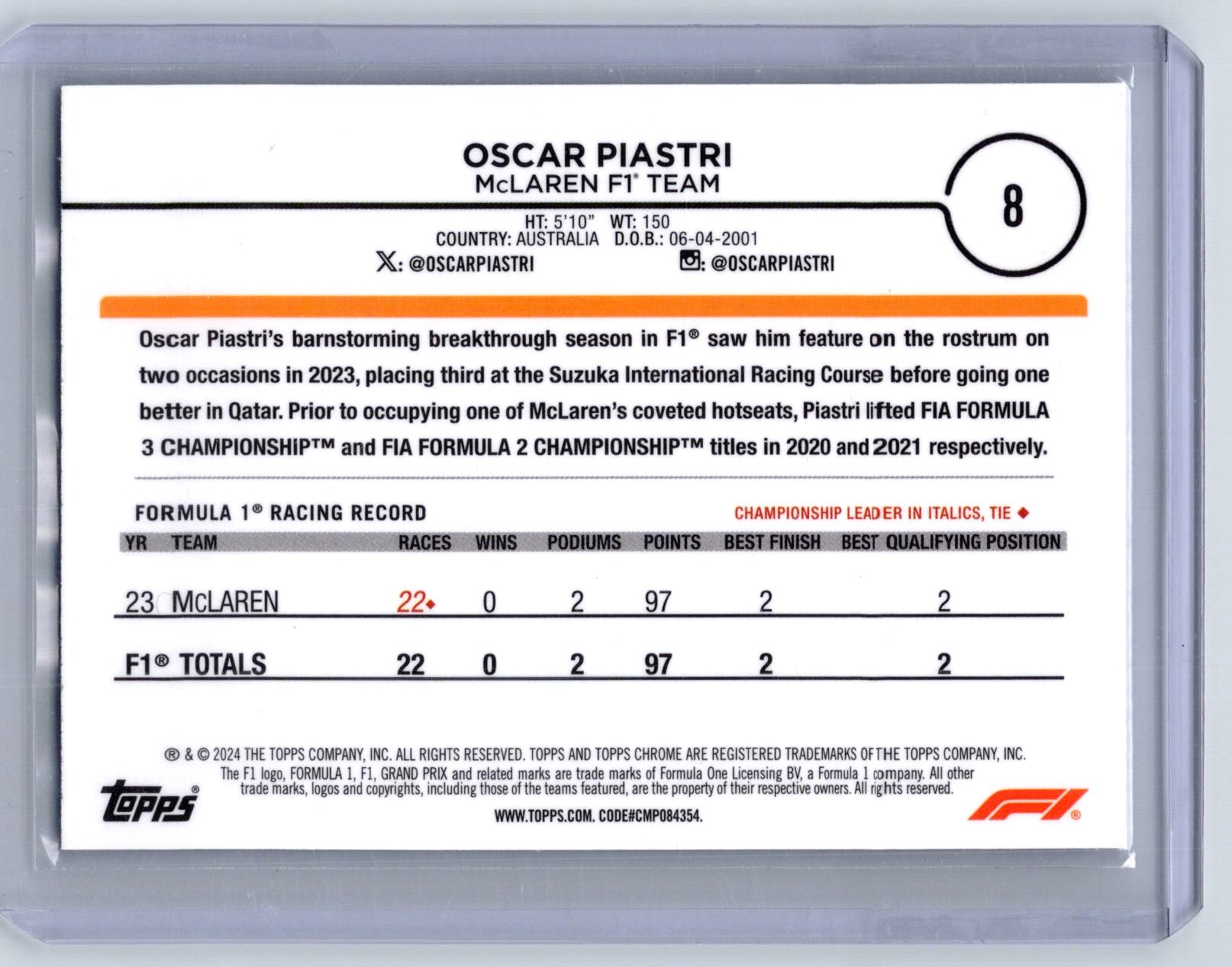 2024 Topps Chrome Formula 1 #8 Oscar Piastri Checker Flag Refractors