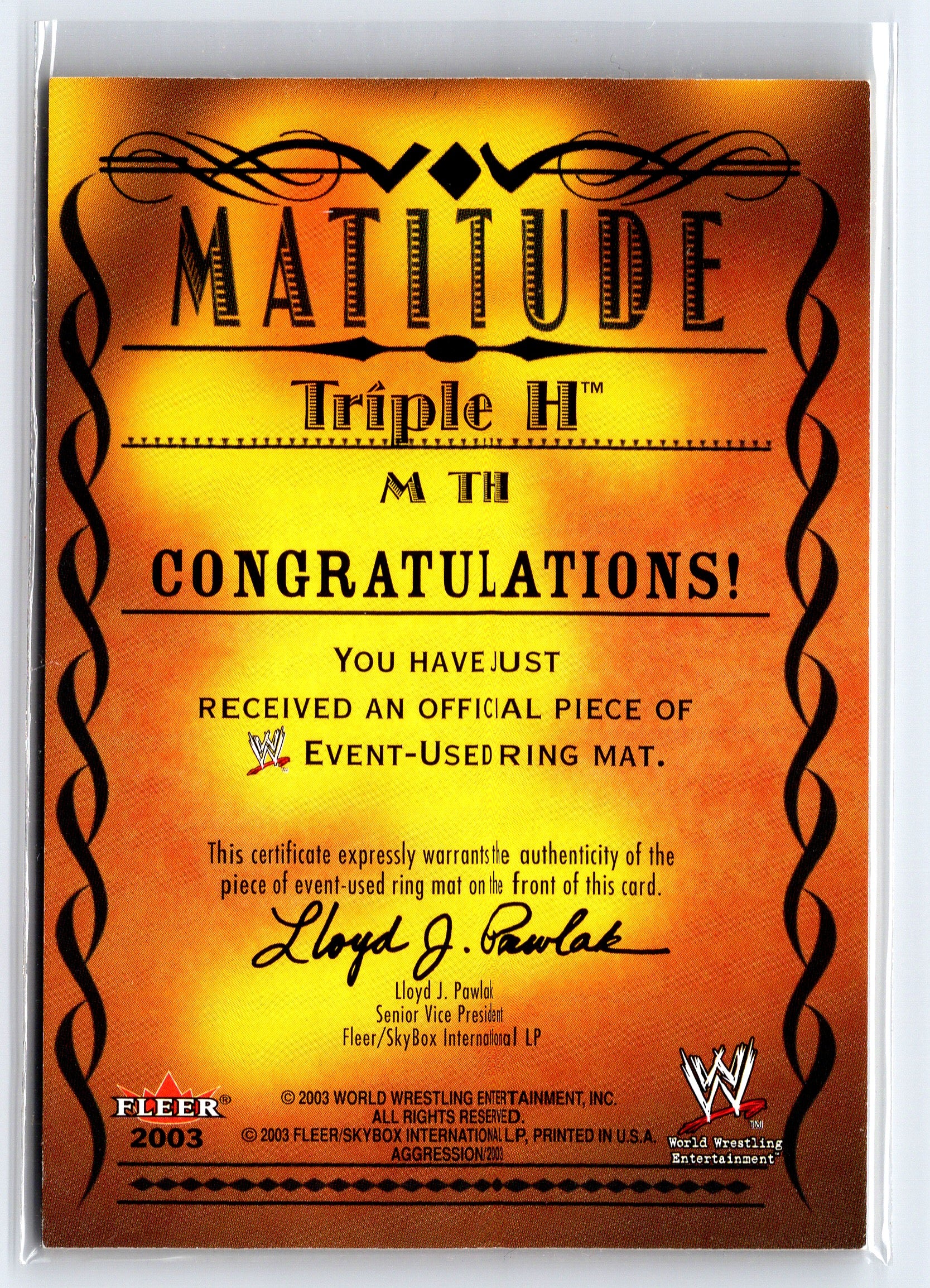 2003 Fleer WWE Aggression #M TH Triple H Matitude Event Used